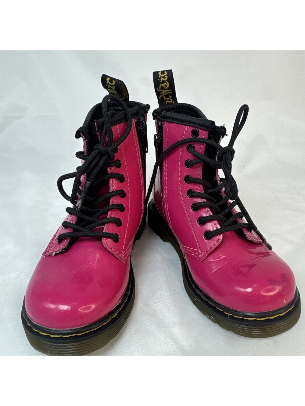 Doc Marten Delaney Hot Pink Patent Leather Lace up Side Zip Boots YOUTH 8 Pascal